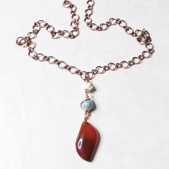 Russet & Brown Agate Beaded Pendant + Copper Chain! Rustic & Rugged Necklace - Picture 1 of 6